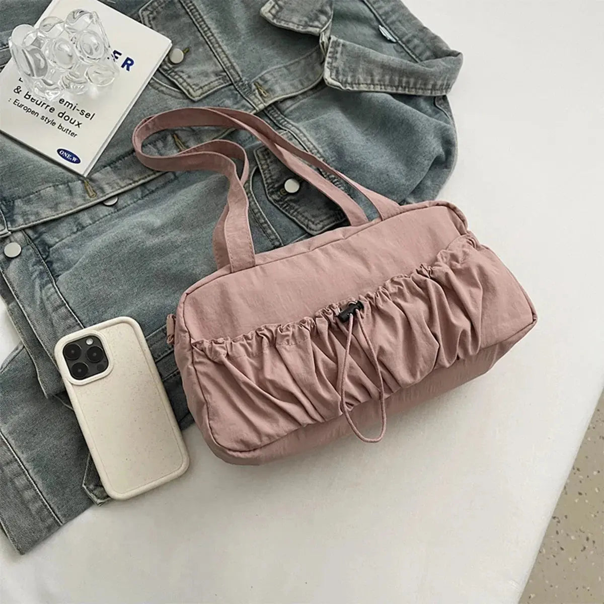 Simple Shoulder Bag For Women Drawstring Decoration Lightweight Large Capacity Zipper Closure Fitness Bag For Daily Use/Fitness